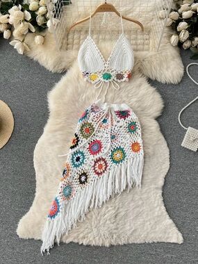 Bohemian Coachella Boho Style Knitted Hollow Crochet Top and Skirt Set White NWT